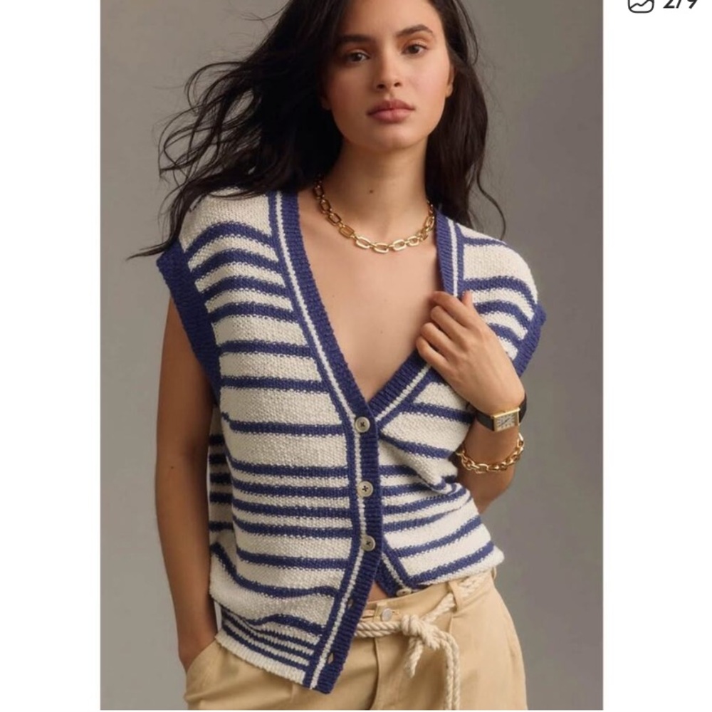 Anthropologie Maeve The Elyse Striped Knit Sweater Vest Navy White Medium NWT